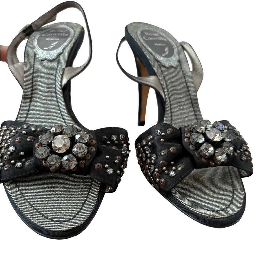 Rene Caovilla Black and Silver Embellished Heels